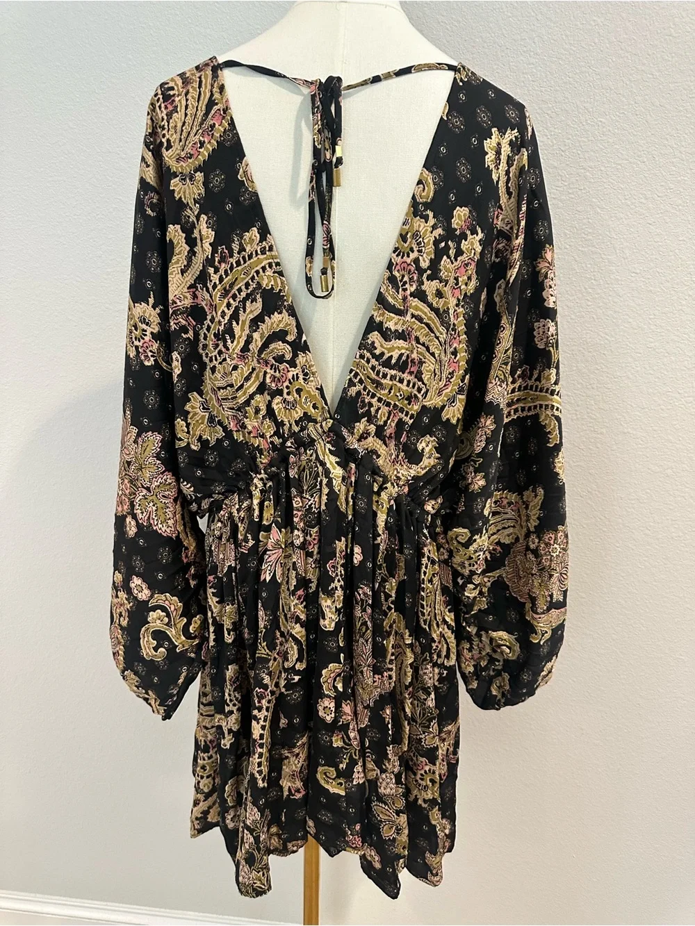 Free People Arzel Paisley Mini Dress Black Boho Balloon Sleeve S